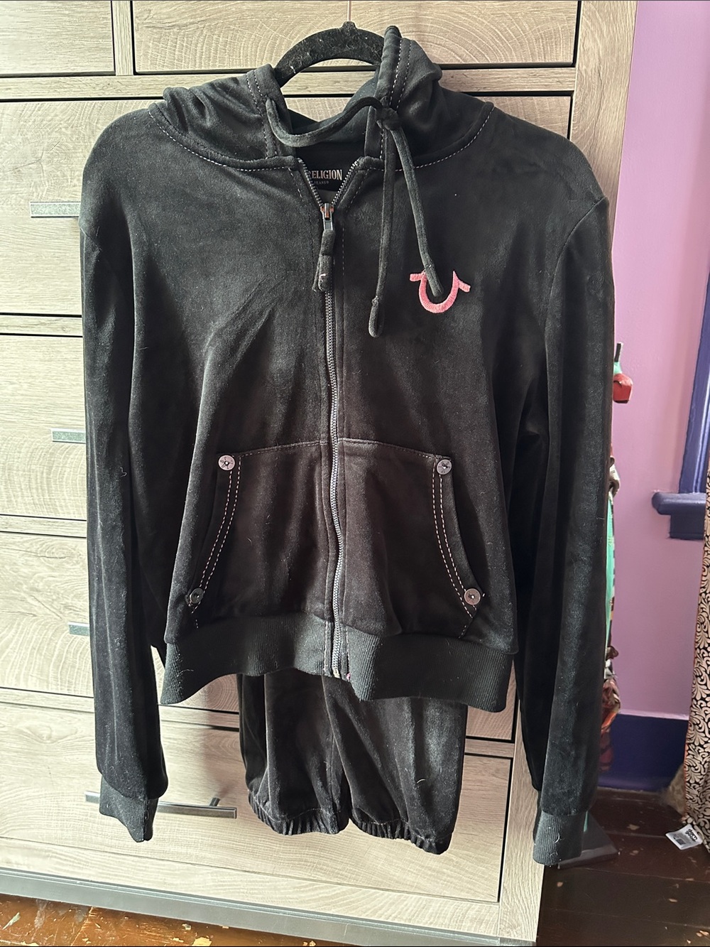 True Religion Black Velour Zip-Up Hoodie with Pink Horseshoe